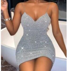 NWT, Never worn silver shiny cocktail dress. Size L